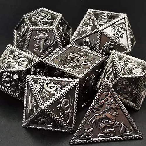 HAOMEJA DND Metal Dice Dragon Set 7 Role Playing Dice D&D Solid Dice Dungeons and Dragons Ancient Silver 